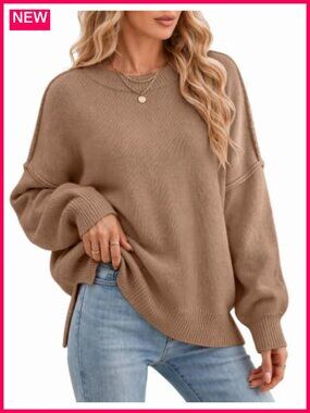 Oversized Batwing Sweater Crew Neck Knit Pullover Fall Winter Women's